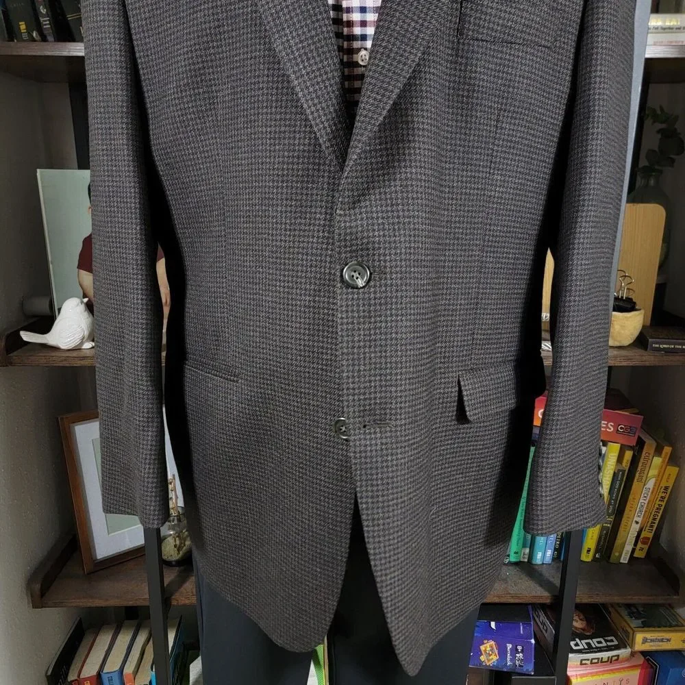 Chaps Men's Tweed Sport Coat Blazer Two Button Twill Houndstooth Brown Wool 46R‎